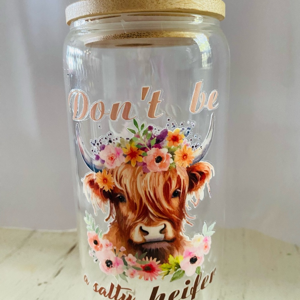 Floral Cow Glass Tumbler with Lid